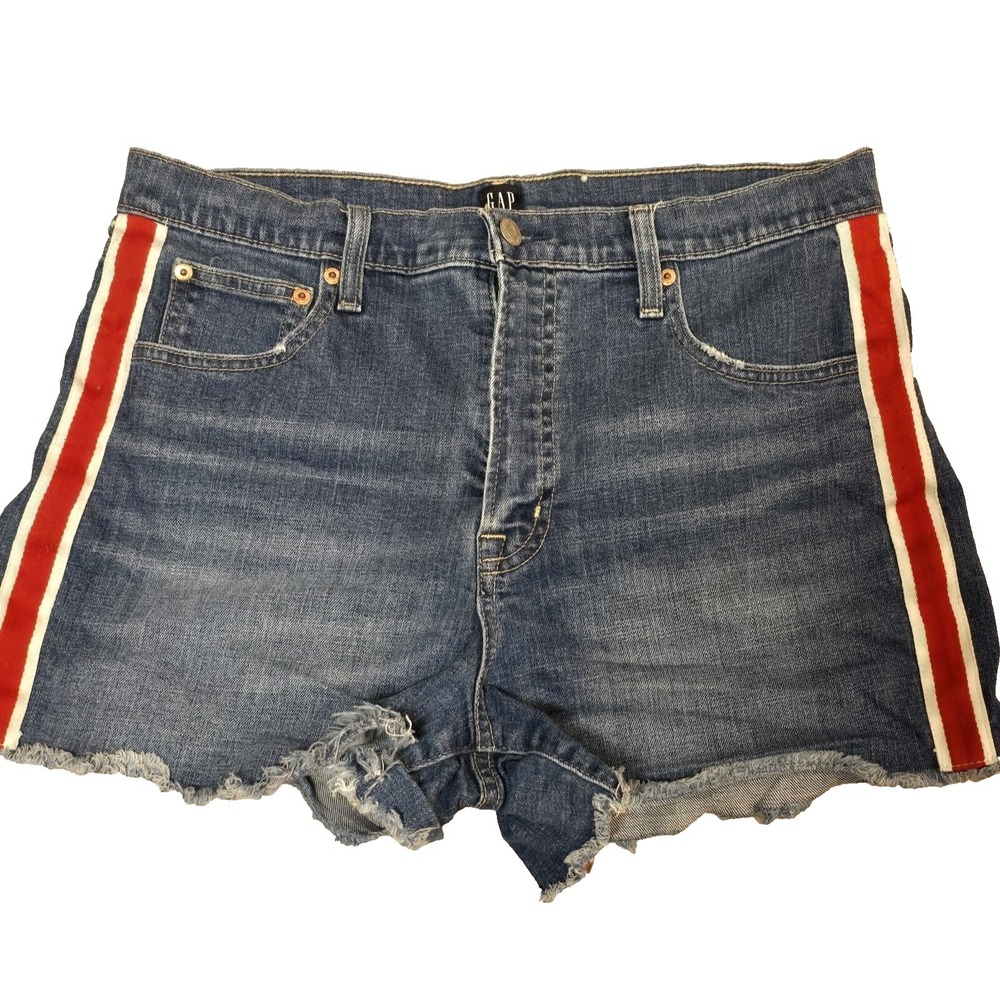 Y2K Distressed GAP Womens Size 31 High Rise Denim Shorts Blue Red White Trim